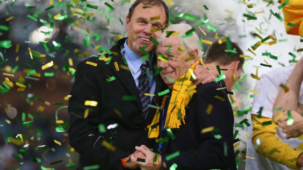 Before things went sour: Osieck and Lowy embrace after the Socceroos sealed qualification for the WQorld Cup.