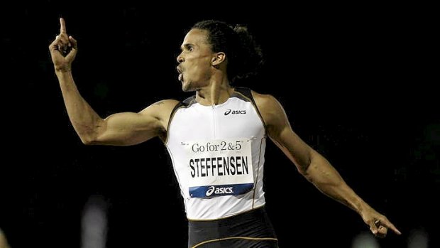 John Steffensen celebrates victory in a 400m race in Perth earlier this year.