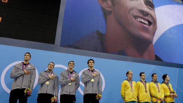 Heart stopping ... Michael Phelps and the rest of the US men's 4 X 100m medley relay team with their medals.