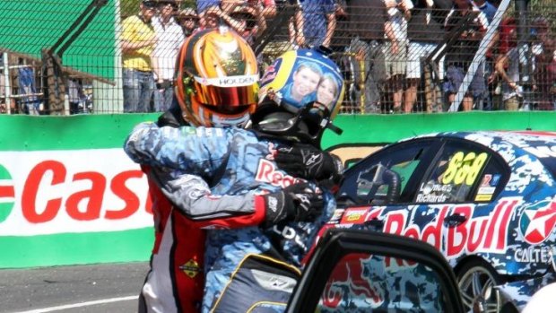 Former teammates: Red Bull Racing's Craig Lowndes embraces Warren Luff after their My Panorama collision.