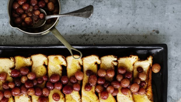 Honey-baked ricotta with roasted red grapes.