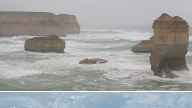 Dear sister ... one of the rock formations known as the 'Three Sisters' collapsed into the sea (top). Bottom: the rock before its collapse.