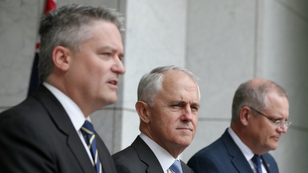 Finance Minister Mathias Cormann, Prime Minister Malcolm Turnbull and Treasurer Scott Morrison. 