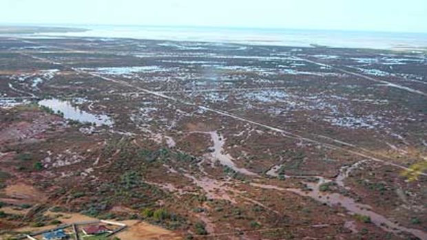 Ariel view over Mungullah and South Comon in Carnarvon a short time after the first devastating downpour in the region weeks ago.