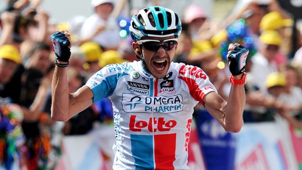 Jelle Vanendert celebrates winning the 14th stage of the Tour de France.