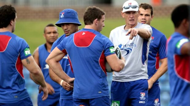 Now, listen up ... Wayne Bennett gives instructions to the Knights during the team’s  final training session before their clash against St George Illawarra tonight.