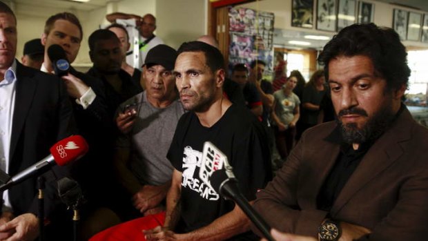 Anthony Mundine speaks during a press conference at Mundine Gym in Redfern after the last-minute withdrawal of his opponent, Shane Mosley, over a contract dispute with the fight's promoter"