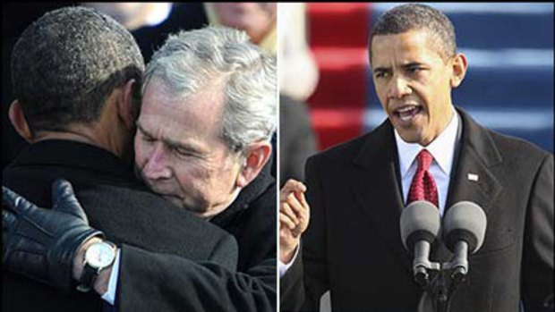 Taking charge ... Barack Obama receives a hug from his predecessor George Bush, top left. Top right, he delivers his speech, and bottom, he is sworn in as the 44th President of the USA.