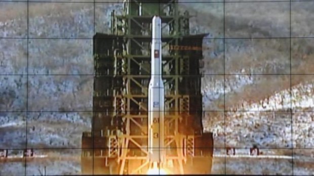 A rocket is launched from a launch pad at North Korea's satellite control centre in Cholsan county, North Pyongan province, in this file photo.
