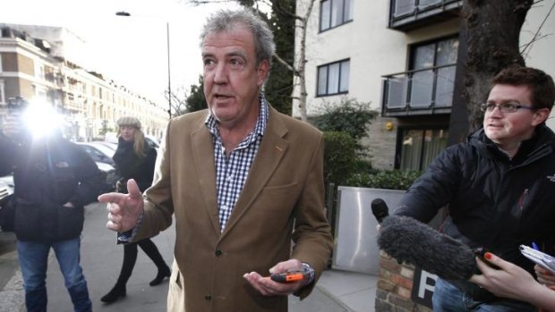 British television presenter Jeremy Clarkson leaves his home in London after his suspension by the BBC in March.