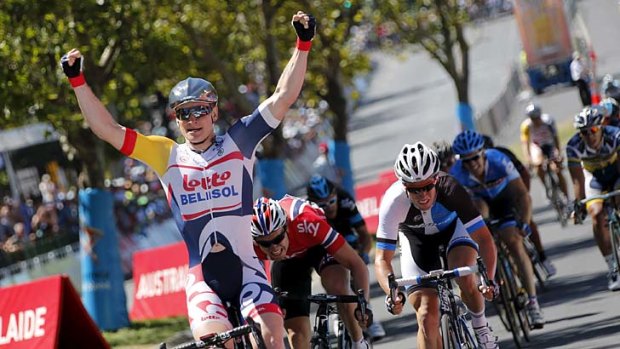 Sprint sensation ... German rider Andre Greipel crosses the line at the end of the sixth stage to score a record 14th stage win at the Tour Down Under.