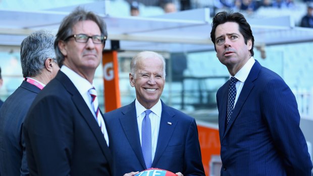 US Vice President Joe Biden spoke to Gillon McLachlan as Carlton took on West Coast at the MCG.