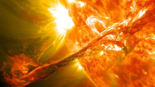 An image captured by NASA's Solar Dynamics Observatory of a blast of plasma streaming from the sun in 2012.