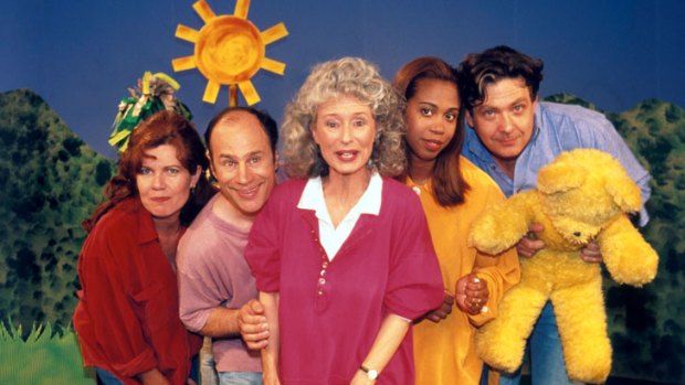 Trisha Goddard, second from right, with Play School presenters Angela Moore, George Spartels, Benita Collings and Philip Quast in 1996.