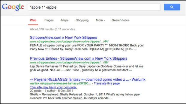 A screenshot of the Google search results for "apple 1" -apple.