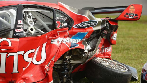 The car of Alex Premat of Fujitsu Racing GRM after colliding with James Courtney at Phillip Island on November 23.