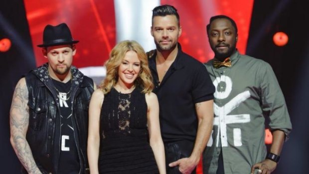 It is a good thing will.i.am (far right) didn't feel up to turning around - it meant the other celebrity coaches - Joel Madden, Kylie Minogue and Ricky Martin - could fill their teams.