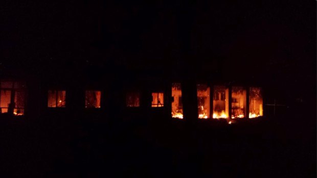The  Medecins Sans Frontieres trauma centre burns  after an explosion near its hospital in Kunduz.  