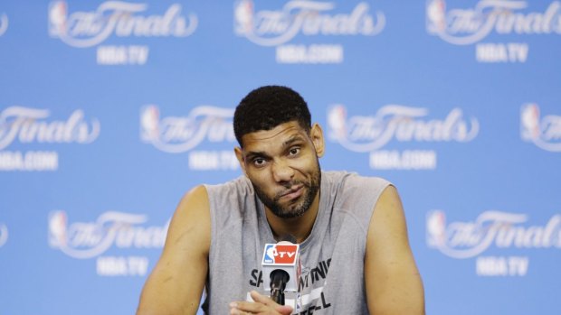 Tim Duncan ponders a question ahead of game five