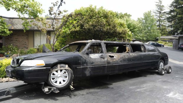 Burned out: The 2009 Lincoln Town Car limousine that burst into flames while idling in northern California.