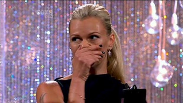 Hush my mouth ... Sarah Murdoch at the moment she'd realised she'd named the wrong winner.