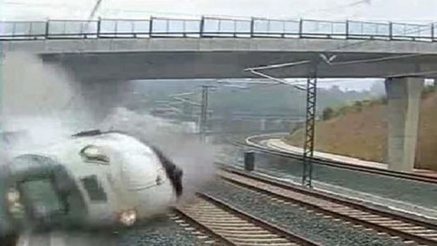 The Alvia model train derailing four kilometres from Santiago de Compostela in northwestern Spain.