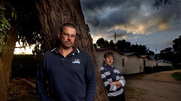 Brendan Findlay and his wife, Michelle, at their Anglesea caravan park. ''We did not even know climate change was an issue with what we were doing,'' he says.