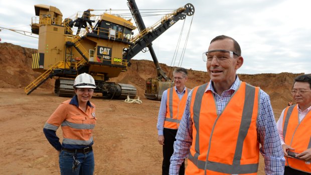 Tony Abbott, pictured at the Caval Ridge coal mine, has said "coal is good for humanity".