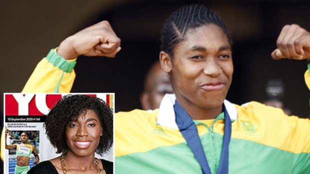Caster Semenya at the world titles last month and (inset) with a magazine makeover this week.