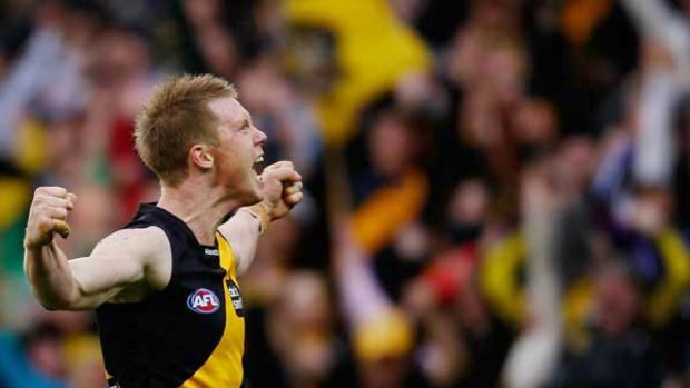 Jack Riewoldt is excited after he kicked his 10th goal against West Coast last Sunday.