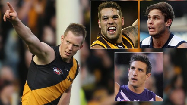 Jack Riewoldt may have won the Coleman Medal, but many would argue (inset, clockwise from left) Lance Franklin, Tom Hawkins and Matthew Pavlich had more impressive seasons.