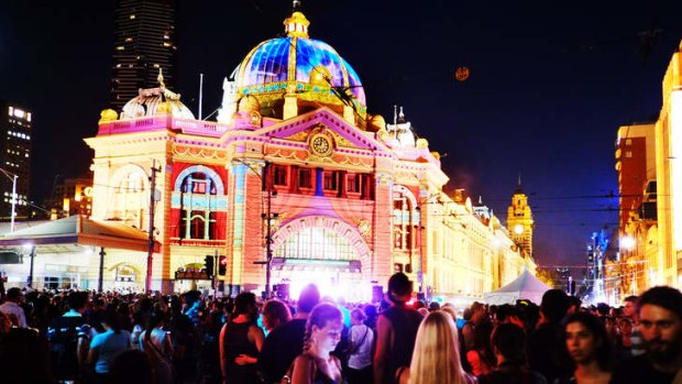Crowds in front of the main music stage on the steps of Flinders Station led to congestion during the first White Night event.