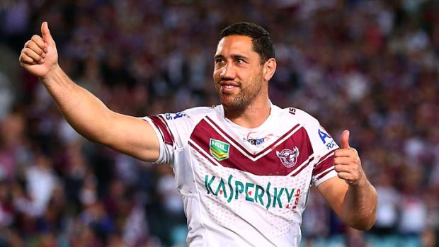 Brent Kite of the Sea Eagles celebrates victory at fulltime during the NRL Preliminary Final match between the South Sydney Rabbitohs and the Manly Warringah Sea Eagles.