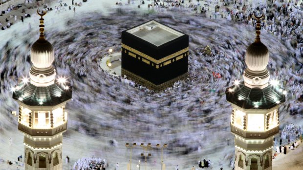 Tens of thousands of Muslim pilgrims move around the Kaaba inside the Grand Mosque during the annual Haj in Mecca, Saudi Arabia.