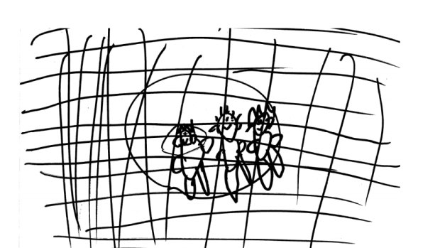 "My dad, me and my mum behind the fence at Nauru." Boy, 6 years. Drawings from young asylum seekers in 'The health and well-being of children in immigration detention' report.