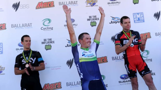 The podium for the Australian Cycling Road National  Championships third-placegetter Richie Porte, winner Simon Gerrans and runner-up Cadel Evans.