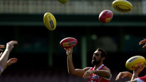 Back into it: Adam Goodes during a Sydney Swans training session at the SCG. Photo: Wolter Peeters