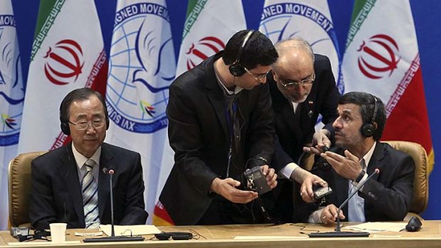 Principles ''undermined'' ... the Iranian President, Mahmoud Ahmadinejad, right, and Ban Ki-moon at the summit.