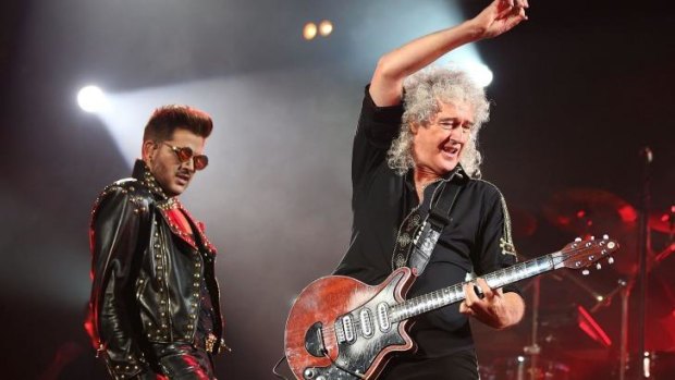 Rockin' out ... Singer Adam Lambert and original Queen guitarist Brian May perform at Allphones Arena. It is Queen's first tour of Australia since 1985.