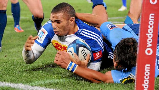 Just short ... Bryan Habana of the Stormers is caught before the tryline