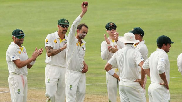 Nathan Lyon celebrates after taking 5 wickets during day two of the Second Test match between South Africa and Australia.