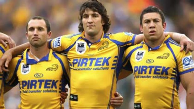Brothers in arms...(left to right) Luke Burt with Parramatta stalwarts Nathan Hindmarsh and Nathan Cayless.