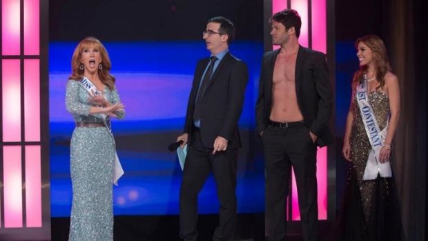 Comedian Kathy Griffin (left) helped John Oliver skewer Miss America on <i>Last Week Tonight.</i>