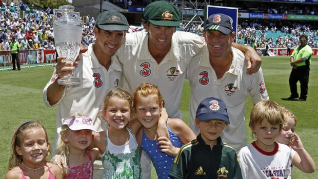 Glenn McGrath (centre) with Justin Langer and Shane Warne and their families at their final Test. McGrath believes Australia is better prepared for the losses of Mike Hussey and Ricky Ponting.
