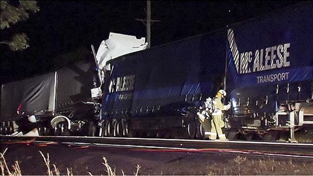 The scene of a fatal crash between two trucks on the Bruce Highway.