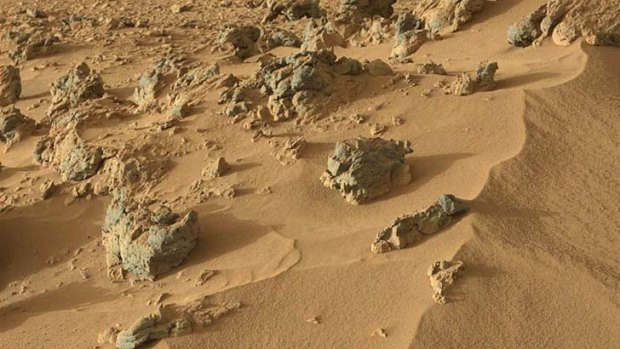 An image taken by the Curiosity rover shows a wind-blown deposit dubbed "Rocknest" on Mars.