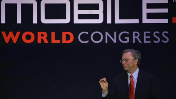 Google CEO Eric Schmidt speaks at the Mobile World Congress in Barcelona.