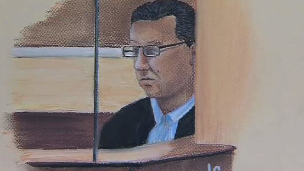 A court sketch of Gerard Baden-Clay, the Brisbane real estate agent charged with the murder of his wife Allison, drawn during his committal hearing in Brisbane.