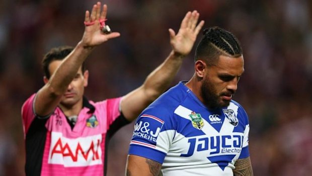 Off he goes: Bulldogs player Reni Maitua is sent off.