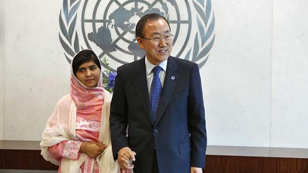 Speaking for children: Malala Yousafzai, who was shot in the head by the Taliban, holds hands with UN Secretary-General Ban Ki-moon.